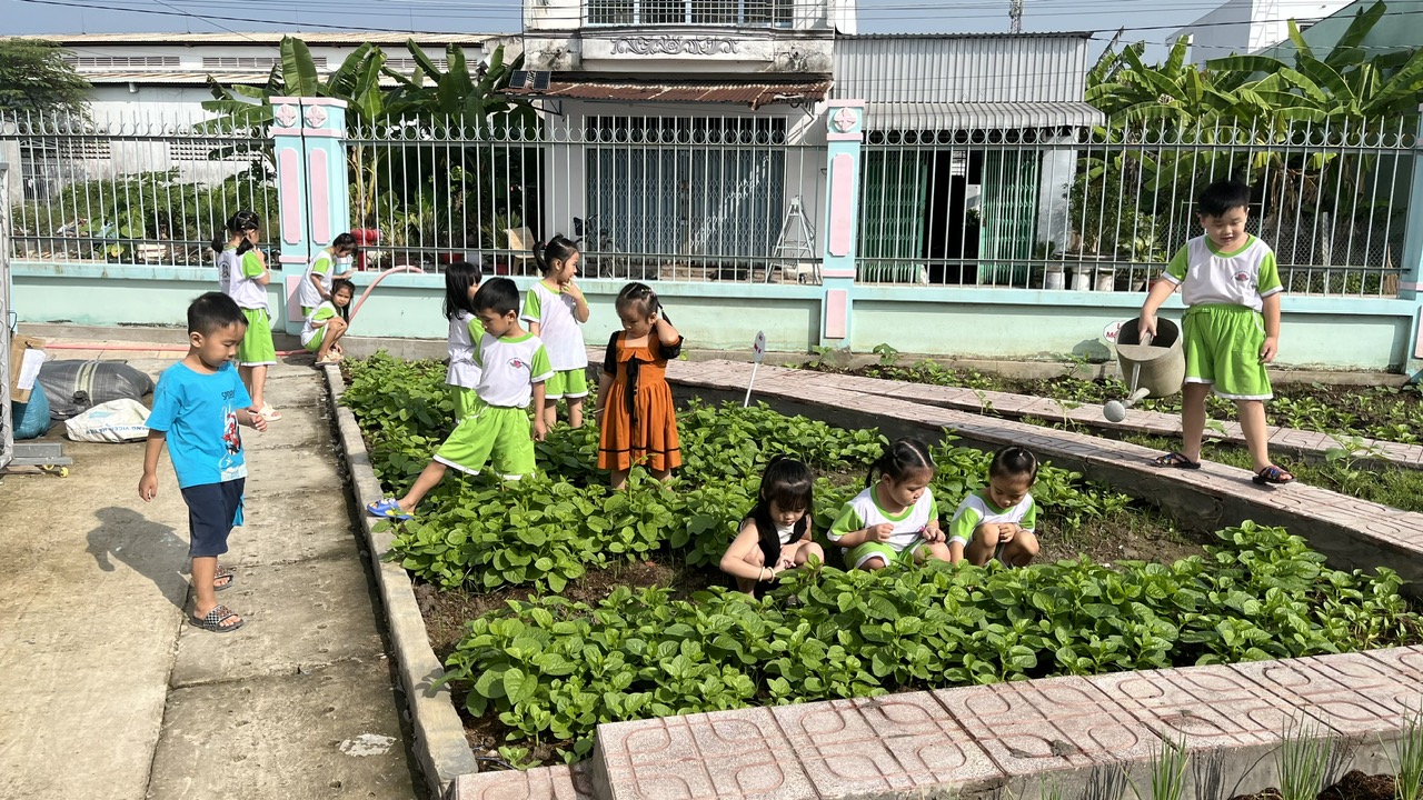 Bé tưới nước cho rau